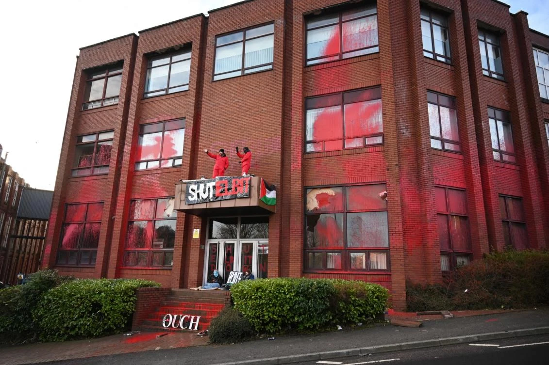 Activists from Extinction Rebellion North and Palestine Action protest outside the Elbit Ferranti factory in Waterhead, Oldham in north-west England. (File/AFP)