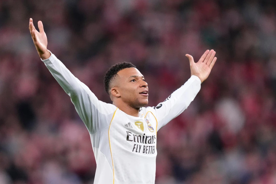 Real Madrid’s Kylian Mbappe celebrates after scoring his side’s third goal during their La Liga match against Athletic Bilbao in Bilbao, Dec. 3, 2025. (AP)