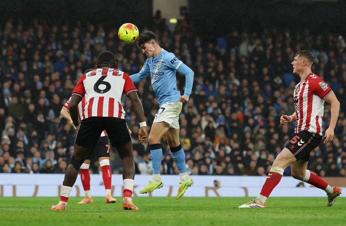 Manchester City’s Phil Foden scores their third goal during their Premier League match against Sunderland — Etihad Stadium, Manchester, Dec. 6, 2025. (Reuters)