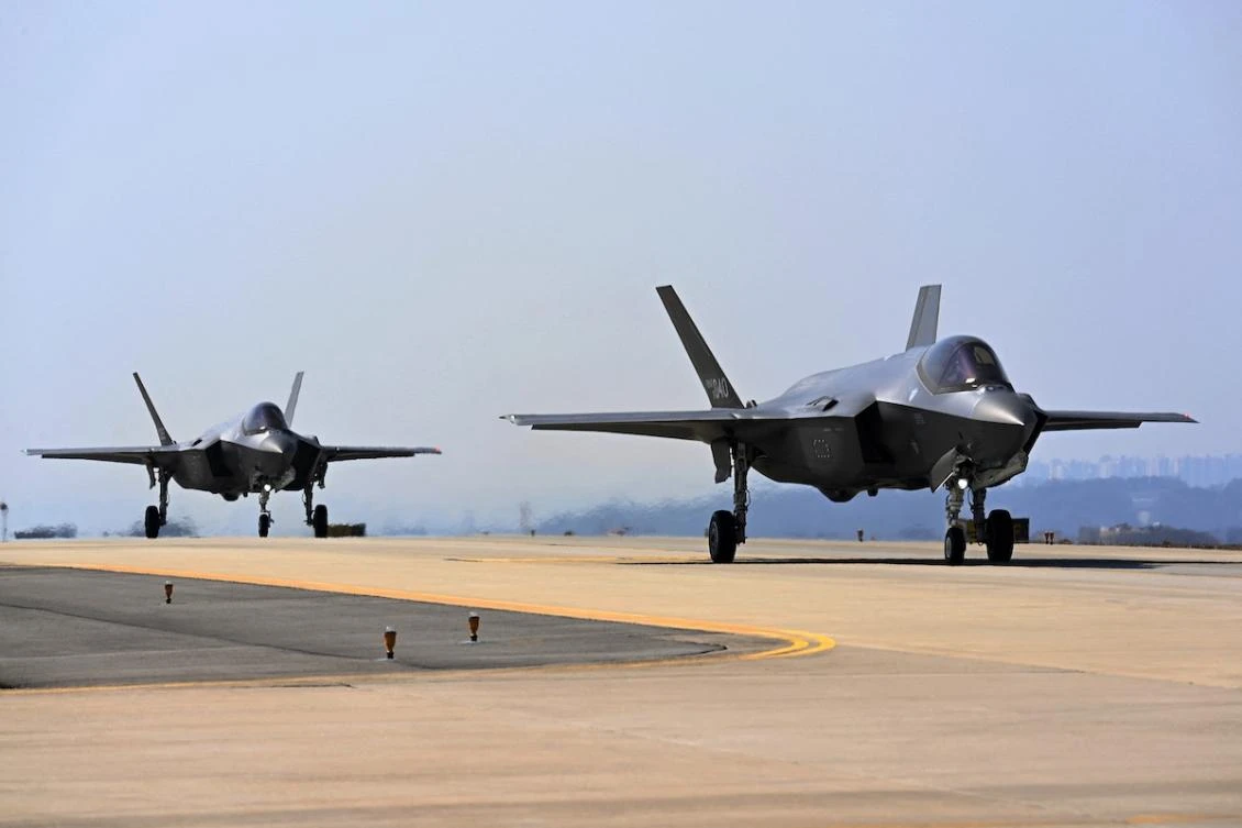 Above, South Korean Air Force F-35A fighter jets prepare to take off at an undisclosed air base in South Korea during an air drill on March 13, 2024. (South Korean Defense Ministry/AFP file photo)