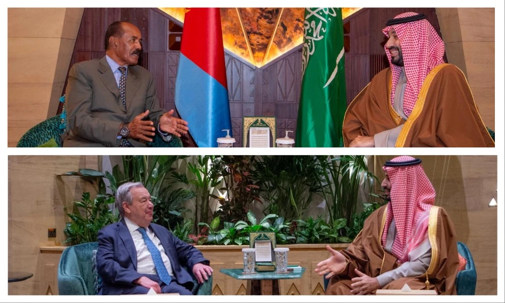 Saudi Crown Prince Mohammed bin Salman and Eritrea’s President Isaias Afwerki at Al-Yamamah Palace in Riyadh on Wednesday (top). Prince Mohammed and UN Secretary-General Antonio Guterres (bottom). (SPA)