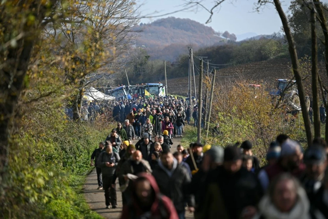 Protestors walk towards a roadblock during a demonstration against the slaughter of a 200-cow herd, following detection of lumpy skin disease (LSD) in Les-Bordes-sur-Arize, France. (AFP)