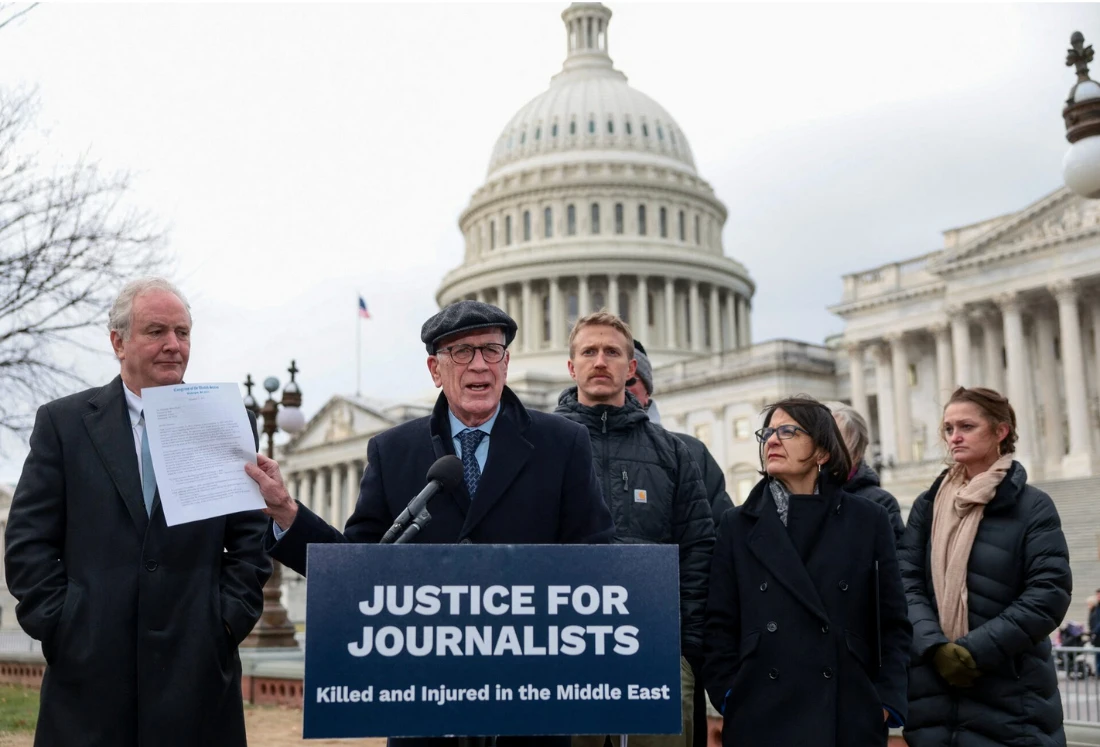 US Senator Peter Welch (D-VT) speaks during a press conference about an Israeli strike that hit a group of journalists in southern Lebanon in October 2023, on Capitol Hill in Washington, DC, US. (Reuters)
