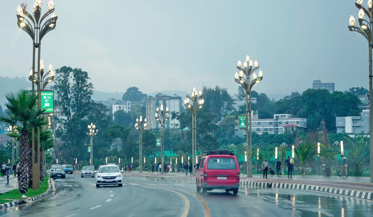 Cars drive along a highway decorated with street lights, in Addis Ababa, Ethiopia, Sept. 6, 2025. (AP)