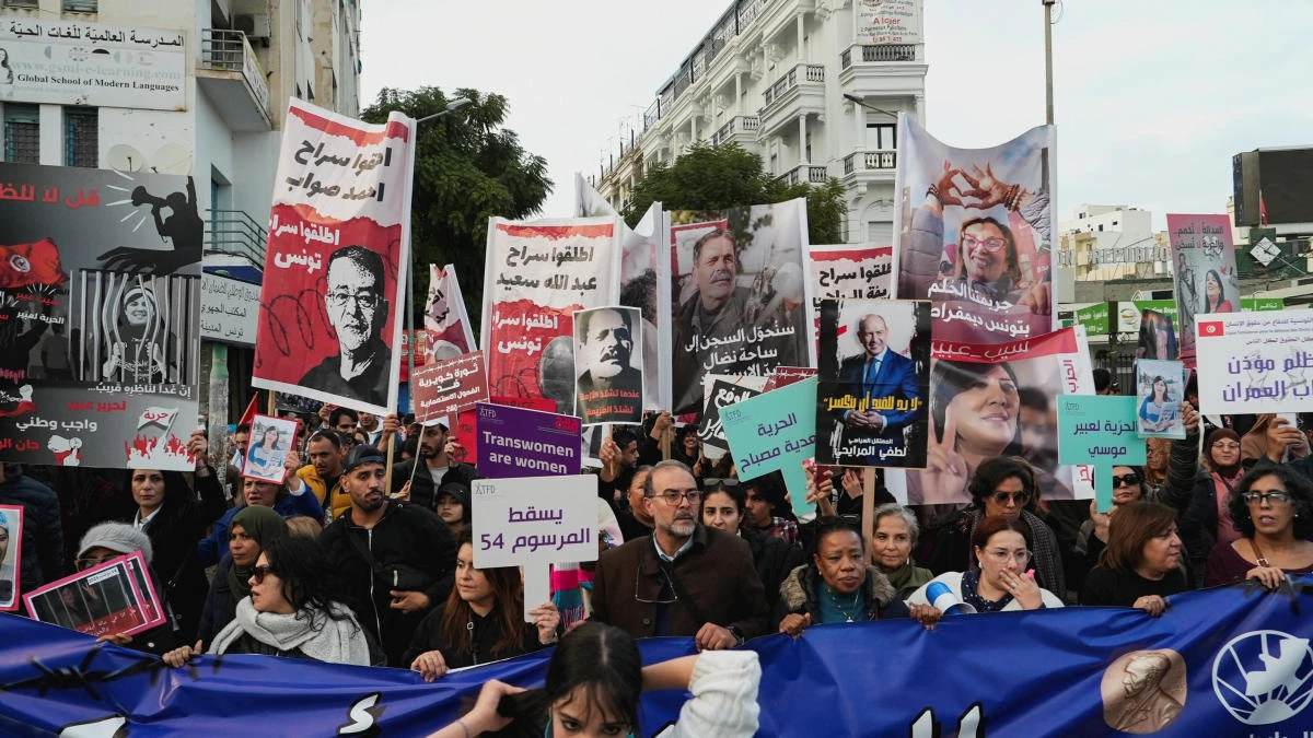 Activists and political opponents take part in a protest against Tunisian President Kais Saied, calling for an end to one-man rule and the restoration of democracy, in Tunis, Tunisia, December 13, 2025. REUTERS/Jihed Abidellaoui