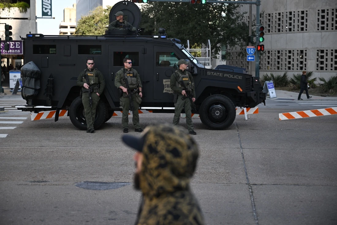 Members of a Louisiana State Police SWAT team stand guard outside of the Superdome in January 2025. (AFP)