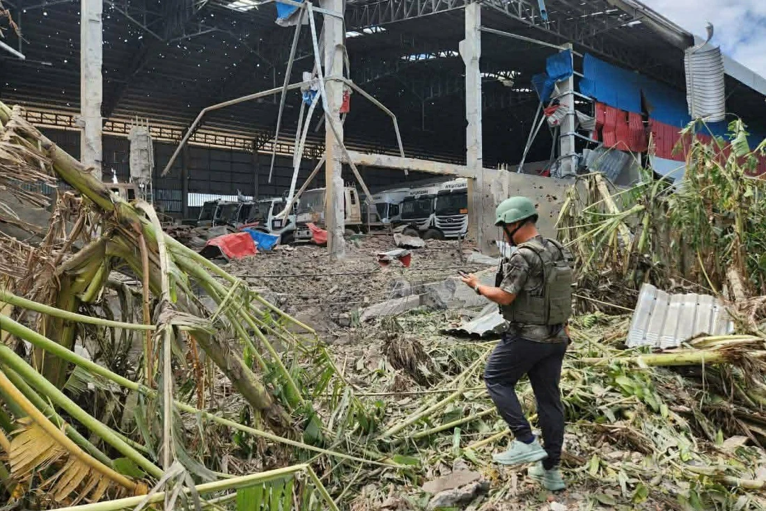 A distraction building is seen after a Thai bombing in Poipet town, Banteay Meanchey Province, Cambodia. (AKP via AP)