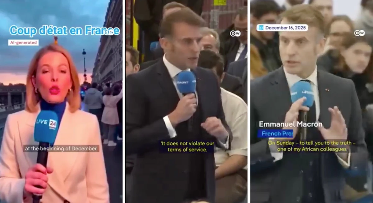 This combination of still images taken from video shared on social media shows French President Emmanuel Macron reacting to a viral video about a fake coup d'etat in France. (Facebook: DW News)