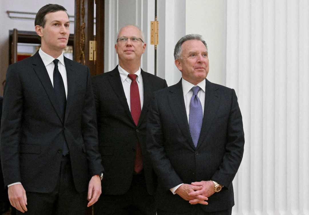 Russian presidential envoy Kirill Dmitriev, US President Donald Trump’s special envoy Steve Witkoff and son-in-law Jared Kushner attend a meeting with Russian President Vladimir Putin at the Kremlin in Moscow, Russia, December 2, 2025. (Sputnik)