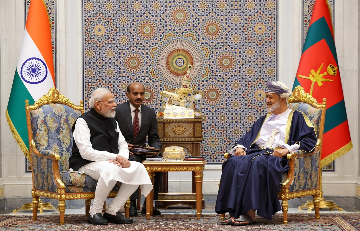 Indian Prime Minister Narendra Modi sits for talks with Oman’s Sultan Haitham bin Tariq in Muscat on Dec. 18, 2025. (Indian Ministry of External Affairs)