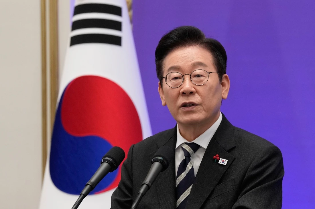 South Korean President Lee Jae Myung speaks during a news conference in Seoul, South Korea. (AP)