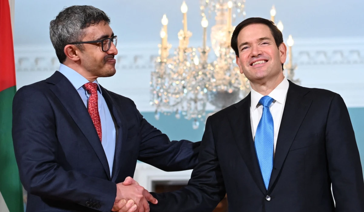US Secretary of State Marco Rubio (R) shakes hands with United Arab Emirates Deputy Prime Minister and Foreign Minister Abdullah bin Zayed Al Nahyan as they meet at the State Department in Washington, DC, on June 10, 2025. (AFP)