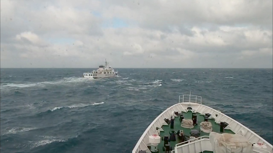 This handout photo released on December 30, 2025 by the Taiwan Coast Guard shows a Lienchiang-class vessel of the Taiwanese coast guard responding to a China Coast Guard ship in waters northwest of Huayu Island. (AFP)
