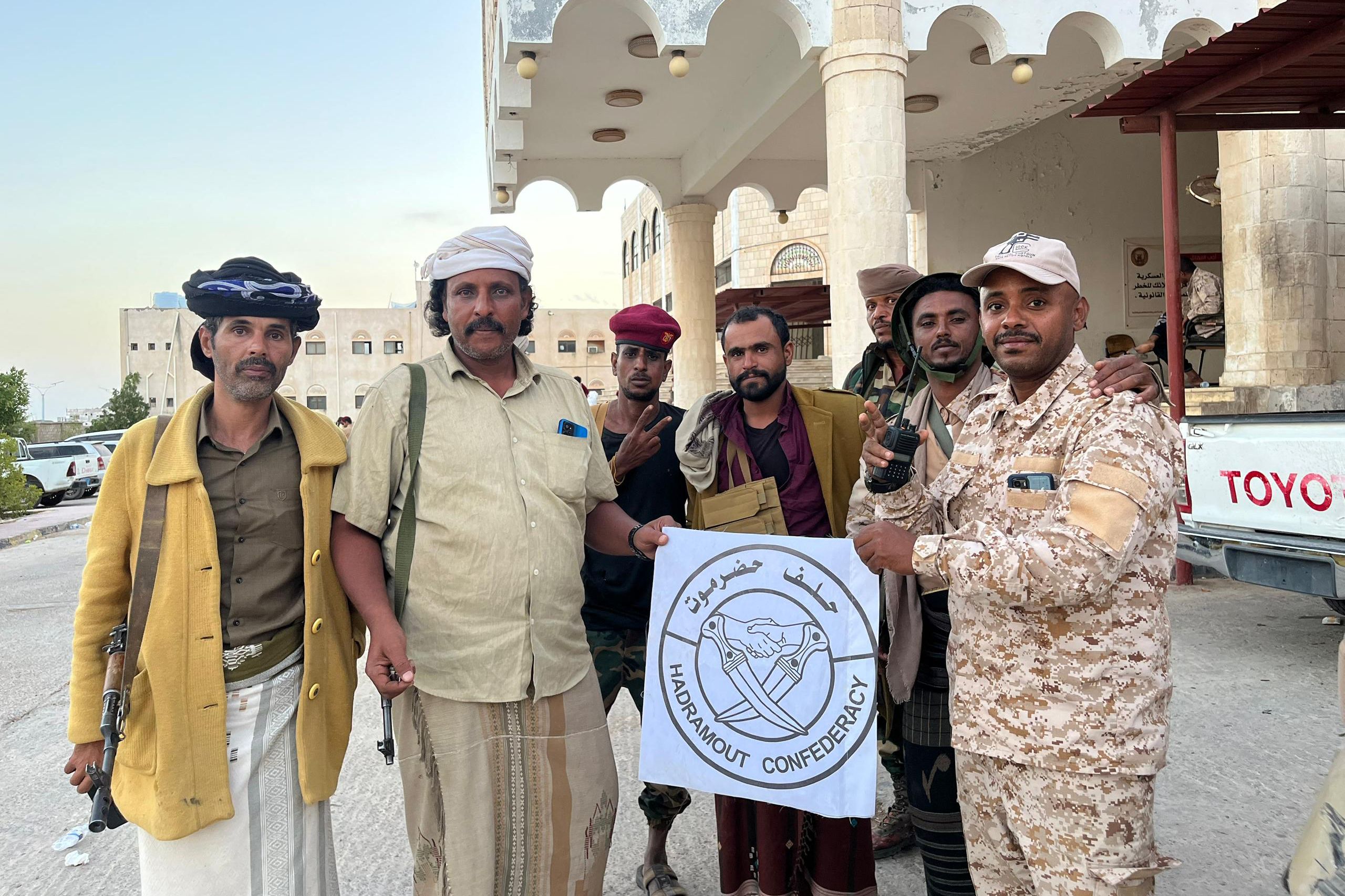 A video grab taken on January 3, 2026 shows Coalition-backed forces that took control of the Second Military Region Command on the outskirts of Mukalla, the capital of Hadramaut. (AFP)