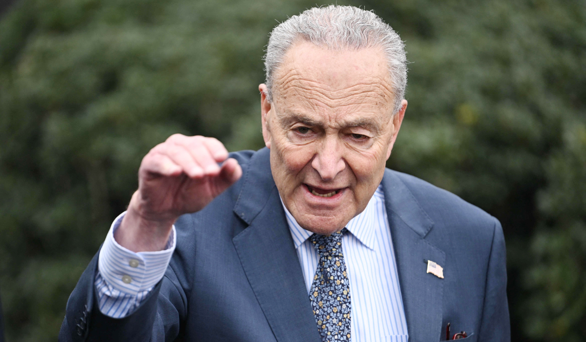 Senate Majority Leader Chuck Schumer speaks to reporters after a meeting with US President Joe Biden and Congressional leadership at the White House in Washington, DC, on February 27, 2024. (AFP)