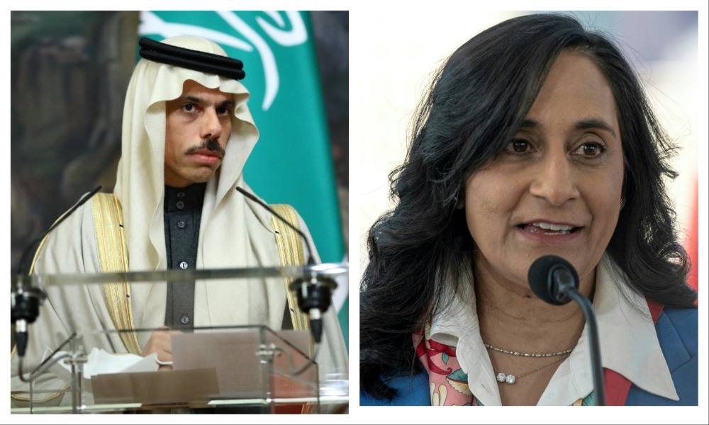 Saudi Foreign Minister Prince Faisal bin Farhan and Canadian counterpart Anita Anand. (File/AFP)