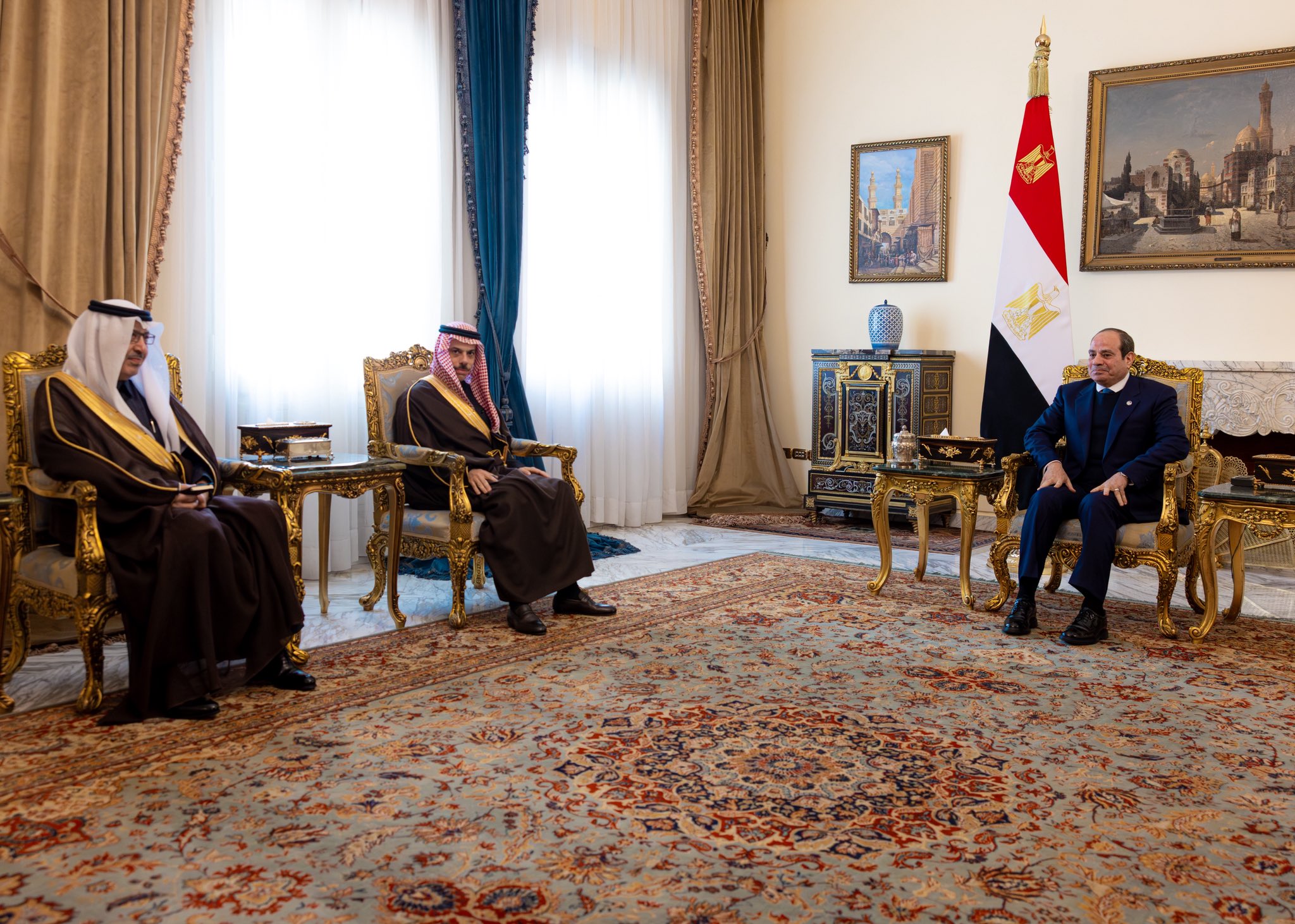 Saudi Foreign Minister Prince Faisal bin Farhan is received by Egyptian President Abdel Fattah El-Sisi on Monday during a visit to Cairo. (SPA)