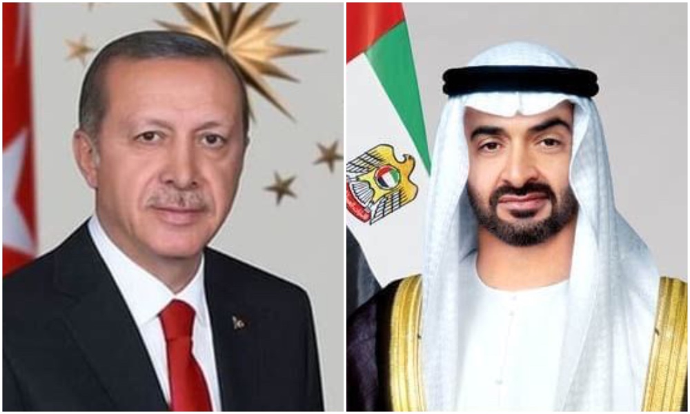 Turkish President Recep Tayyip Erdogan and the UAE President Sheikh Mohamed bin Zayed Al-Nahyan. (WAM)