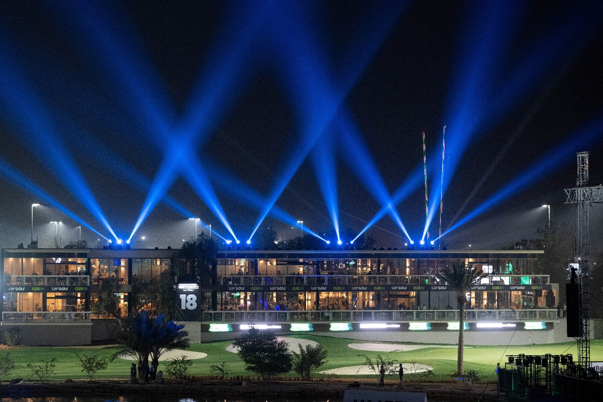 A general view of a laser light show seen over the 18th hole to start the first round of LIV Golf Riyadh in 2025. (Charles Laberge/LIV Golf)