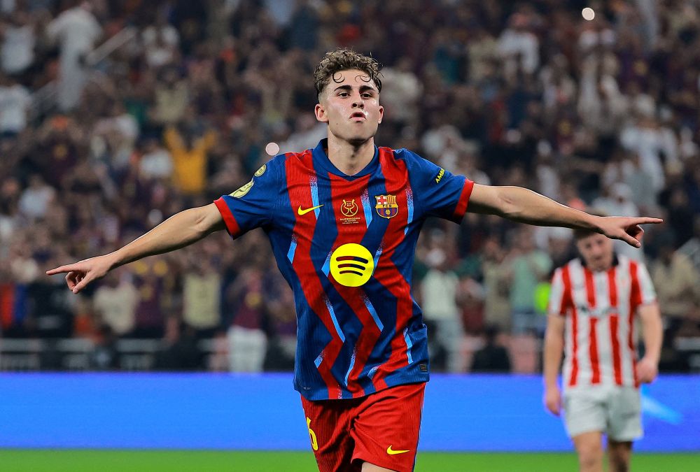 Fermin Lopez celebrates scoring Barcelona’s second goal against Athletic Bilbao in the Spanish Super Cup semifinal at King Abdullah Sports City, Jeddah, Saudi Arabia, Jan. 7, 2026. (Reuters)