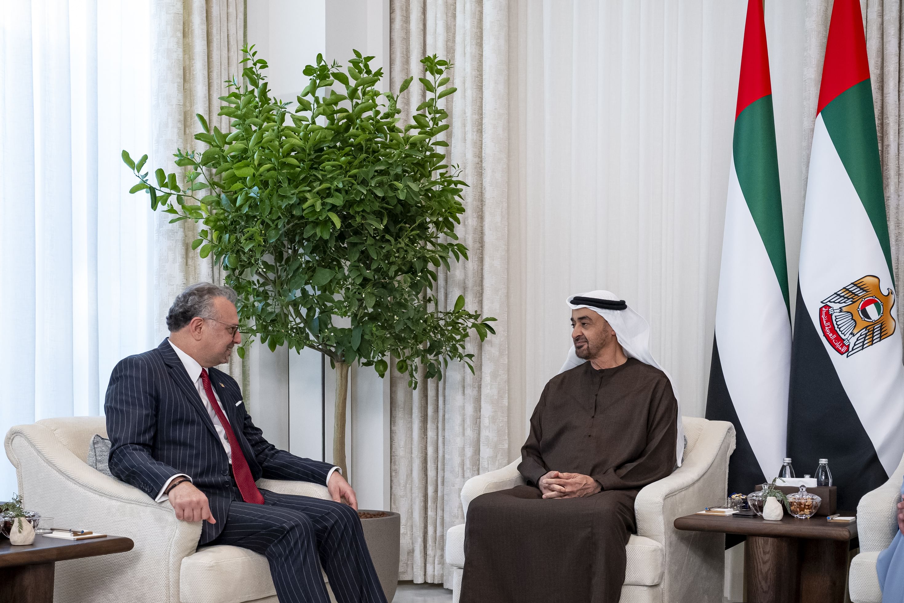 UAE President Sheikh Mohamed bin Zayed Al-Nahyan and the senior adviser to US President Donald Trump for Arab and African Affairs, Massad Boulos, in Abu Dhabi. (WAM)