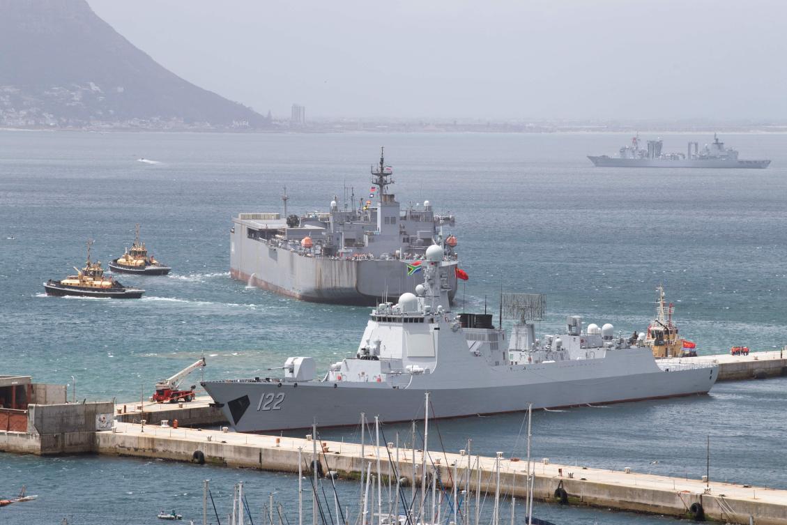 A Chinese guided-missile destroyer and an Iranian navy ship in the Simon's Town harbor, near Cape Town, on Thursday. (AFP)