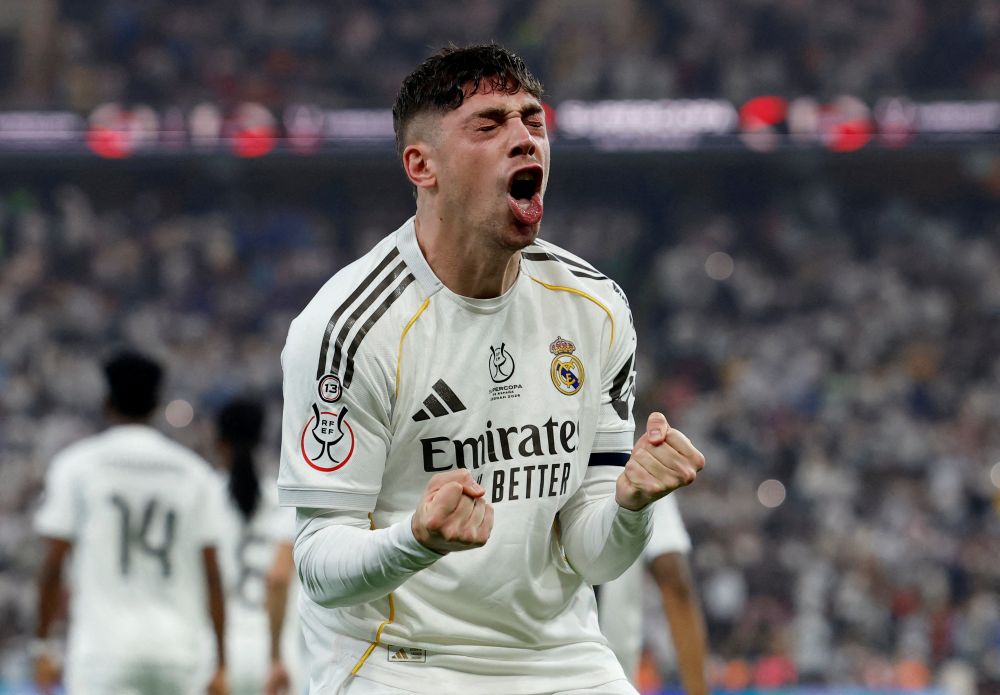 Real Madrid’s Federico Valverde celebrates scoring against Atletico Madrid at King Abdullah Sports City, Jeddah, Saudi Arabia, Jan. 8, 2026. (Reuters)