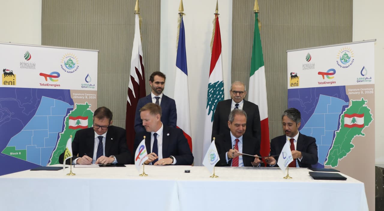 Lebanon on Friday signed a gas exploration deal for Block 8 with a consortium comprising France’s TotalEnergies, Qatar Energy and Italy’s Eni, in a ceremony held at the Prime Minister’s Office and attended by Prime Minister Nawaf Salam. (Supplied)