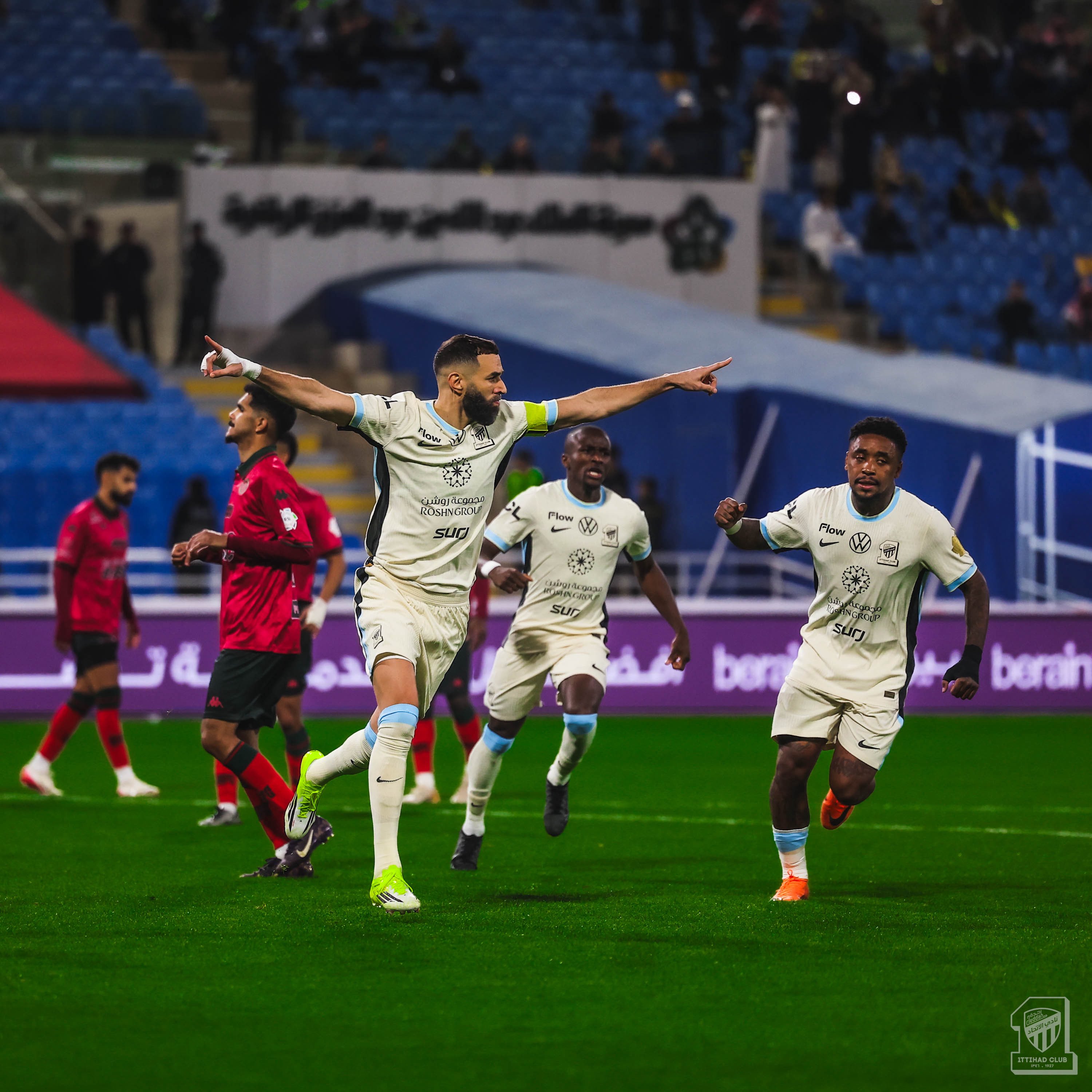 Karim Benzema scored a first-half hat-trick to inpire Al-Ittihad's 4-0 win at Al-Kholood. (X/@ittihad_en)