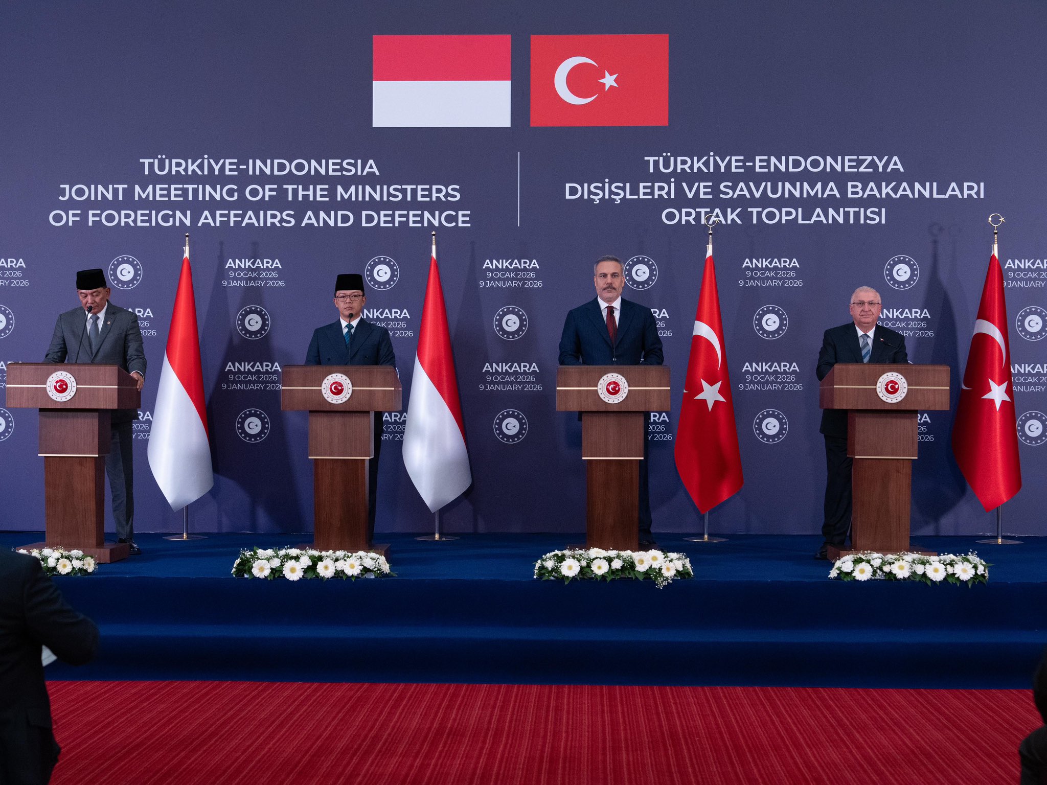 Indonesian Foreign Minister Sugiono and Defense Minister Sjafrie Sjamsoeddin attend a joint press conference with their Turkish counterparts, Foreign Minister Hakan Fidan and Defense Minister Yasar Guler, in Ankara on Jan. 9, 2026. (Indonesian Ministry of Foreign Affairs)