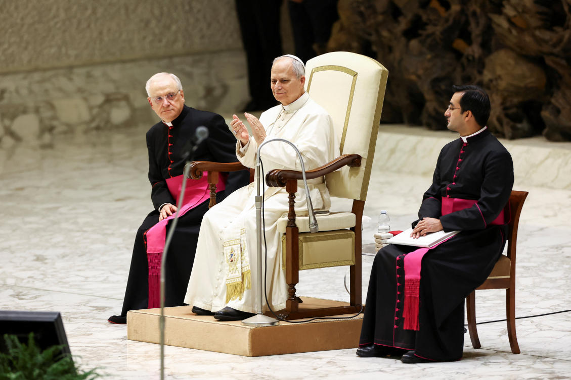 Pope Leo XIV meets the youth of Rome’s diocese in the Paul VI Hall at the Vatican, Jan. 10, 2026. (Reuters)
