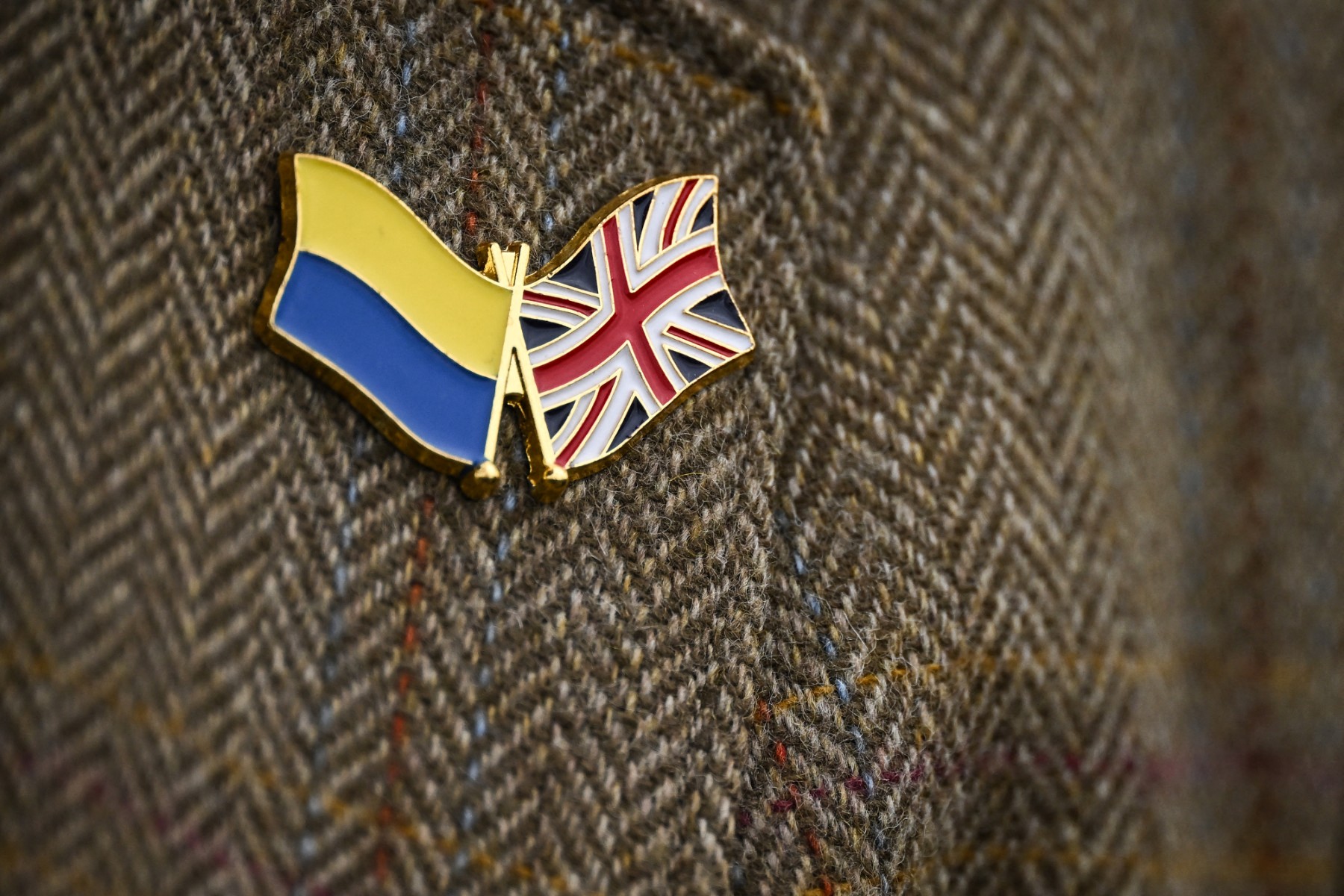 A visitor wears a pin badge featuring the Ukrainian and British flags during a tour of the Lion Rescue Centre, part of the Big Cat Sanctuary, in Headcorn, near Ashford, southern England, March 25, 2025. (AFP)