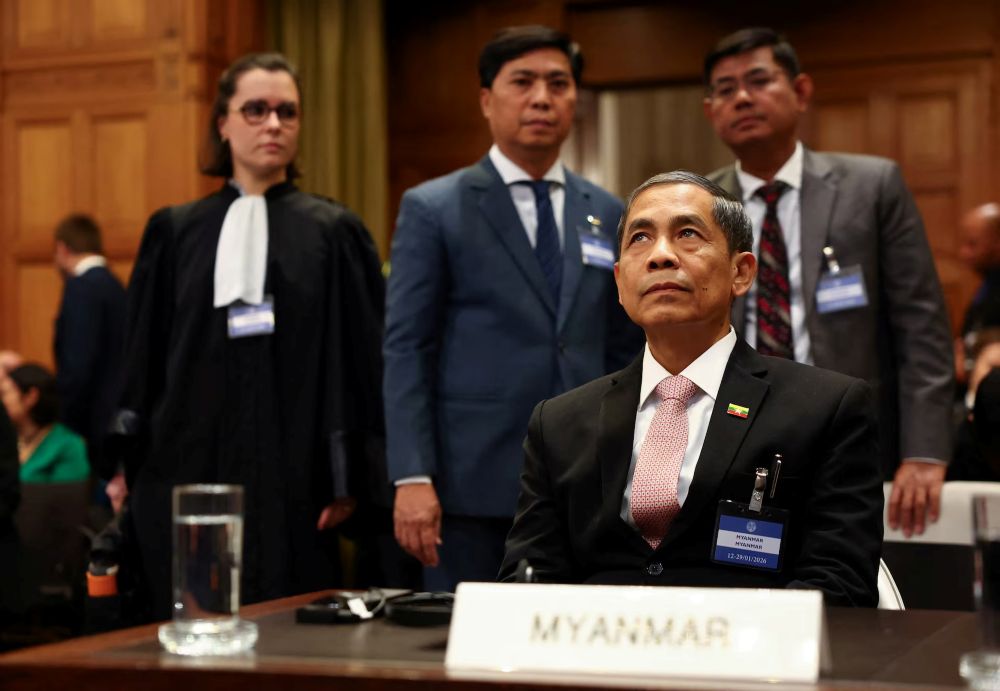 Myanmar Minister of International Cooperation Ko Ko Hlaing sits in the courtroom as the International Court of Justice starts hearings in a landmark case brought by Gambia, which accuses Myanmar of committing genocide against the Rohingya, The Hague, Netherlands, Jan. 12, 2026. (Reuters)