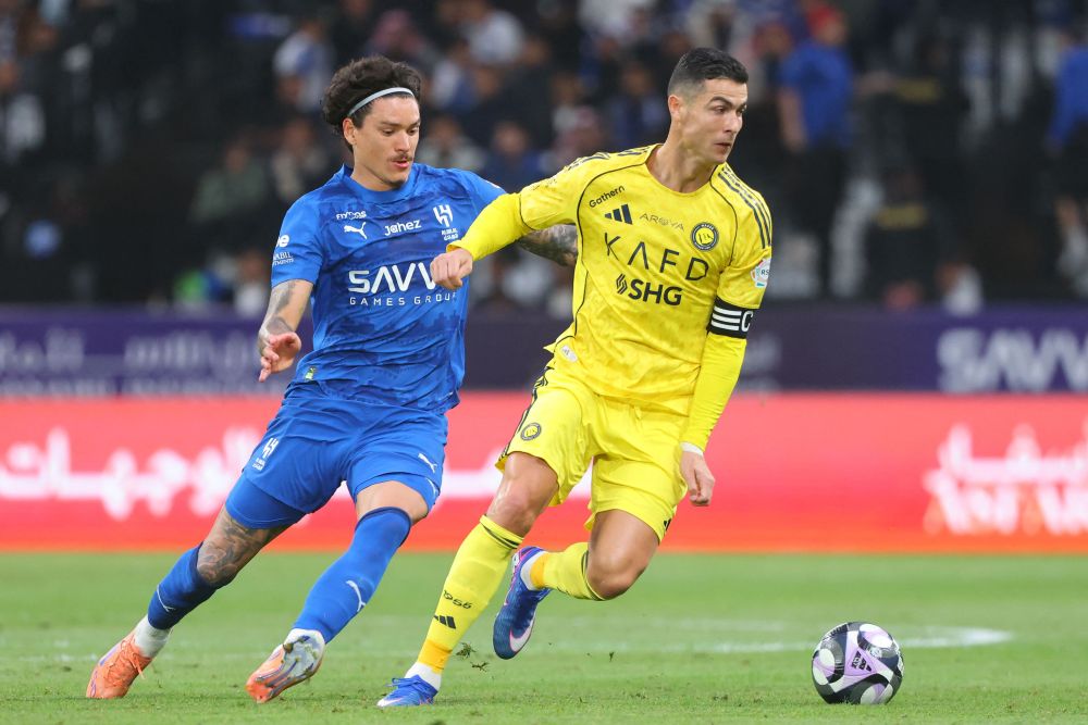 Nassr’s Cristiano Ronaldo and Hilal’s Darwin Nunez in action during the Saudi Pro League match between Al-Hilal and Al-Nassr at Kingdom Arena stadium, Riyadh, Saudi Arabia, Jan. 12, 2026. (AFP)