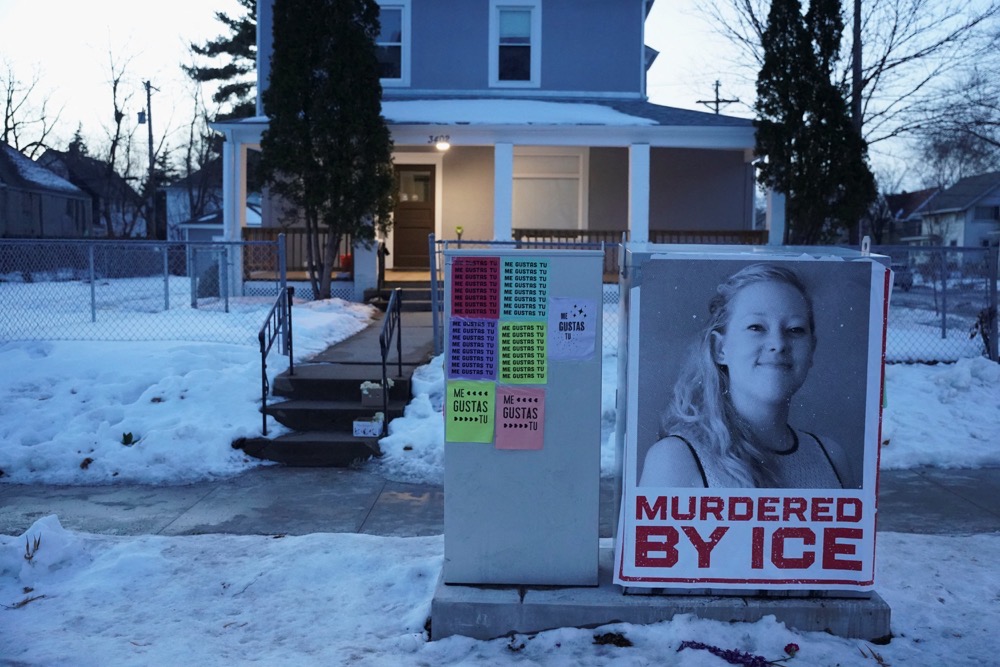A poster with the picture of Renee Nicole Good is displayed after her fatal shooting by a U.S. Immigration and Customs Enforcement (ICE) agent, in Minneapolis, Minnesota, U.S., January 12, 2026. (Reuters)