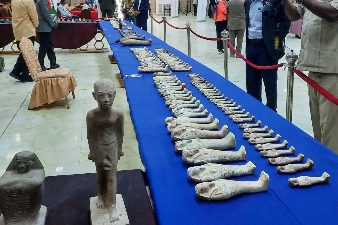 Artefacts that were recovered after being looted from the National Museum in Khartoum during the country's long-running war, are displayed during an official ceremony in Port Sudan on January 13, 2026. (AFP)