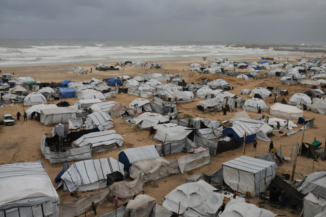 A displacement camp sheltering Palestinians on a beach amid stormy weather in Gaza City on Tuesday. (AP)