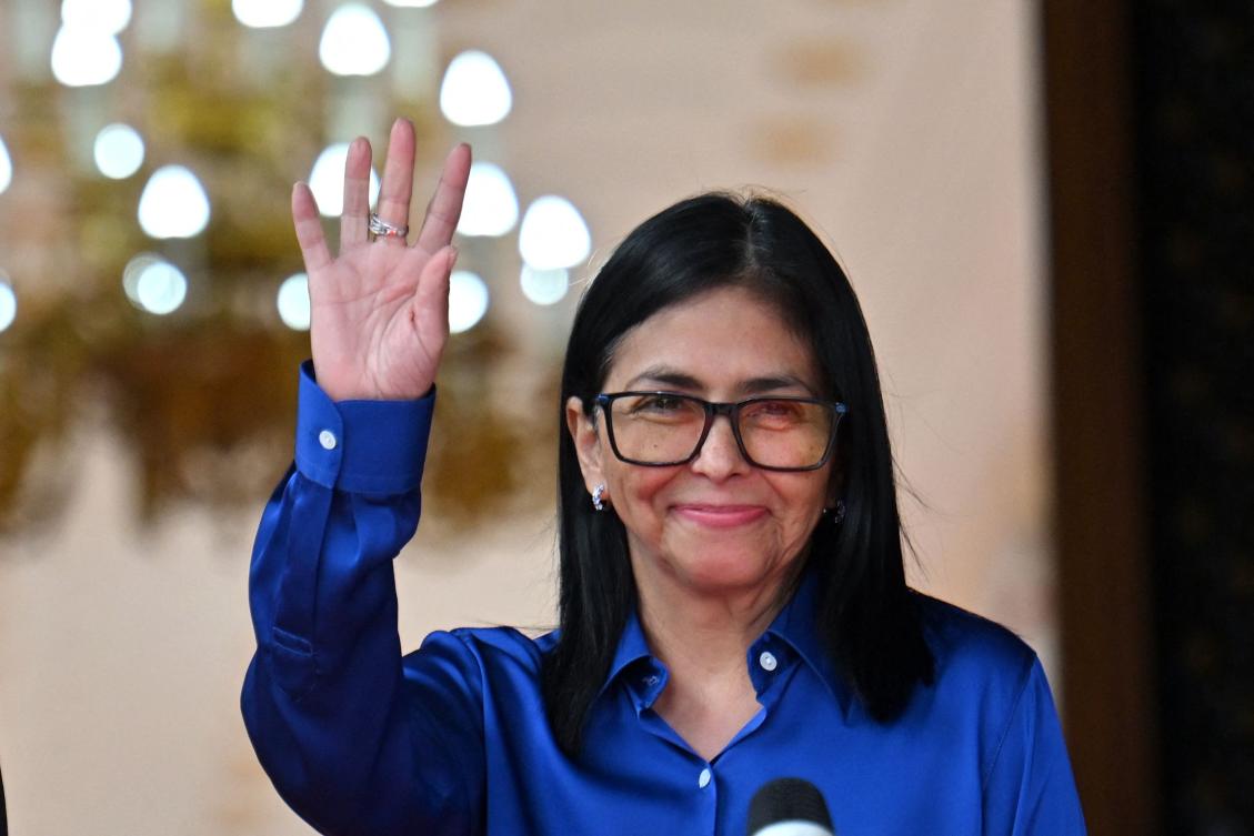 Venezuela’s interim President Delcy Rodriguez waves after a press conference at the Miraflores Presidential Palace in Caracas, Jan. 14, 2026. (AFP)