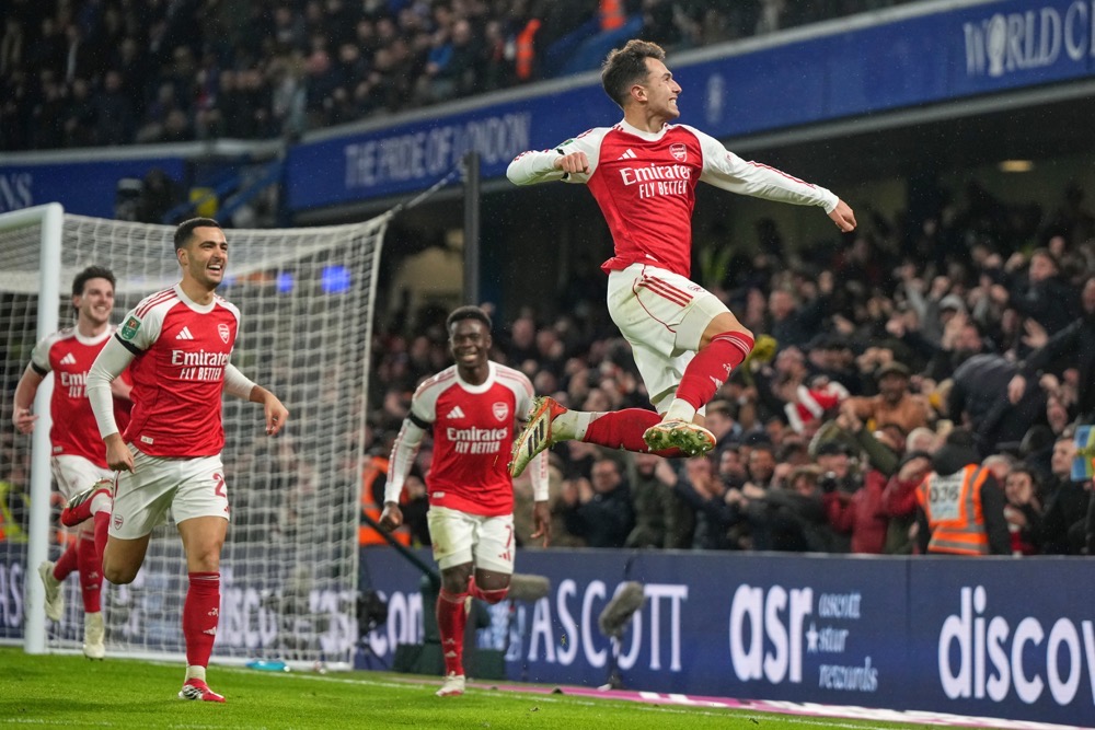 Arsenal’s Martin Zubimendi celebrates after scoring. (AP)