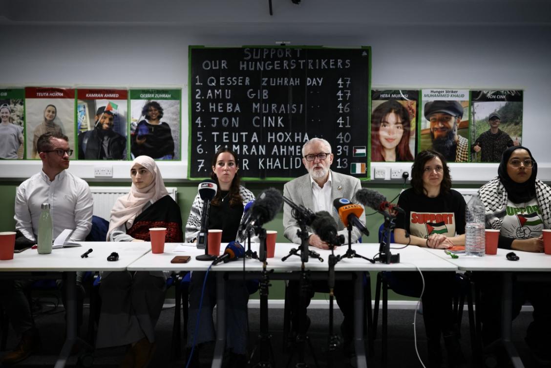 Supporters of hunger-striking prisoners being held on remand charged with offences related to activism on behalf of Palestine Action, doctor James Smith, Teuta Hoxha's sister Rahma Hoxha, Qesser Zuhran's designated next of kin Ella Moulsdale, MP Jeremy Corbyn, Prisoners for Palestine's Francesca Nadin and Kamran Ahmed's sister Shahmina Alam attend a press conference in London on December 18, 2025. (File/AFP)