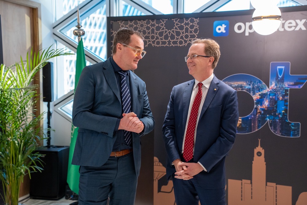 Jean-Philippe Linteau, Canada’s ambassador to Saudi Arabia, right, with Harald Adams, OpenText SVP sales, international market. (AN Photo)