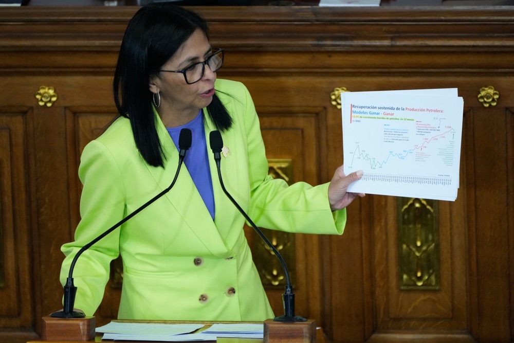 Venezuela's acting President Delcy Rodriguez delivers her first state of the union address at the National Assembly in Caracas, Venezuela, Thursday, Jan. 15, 2026. (AP)