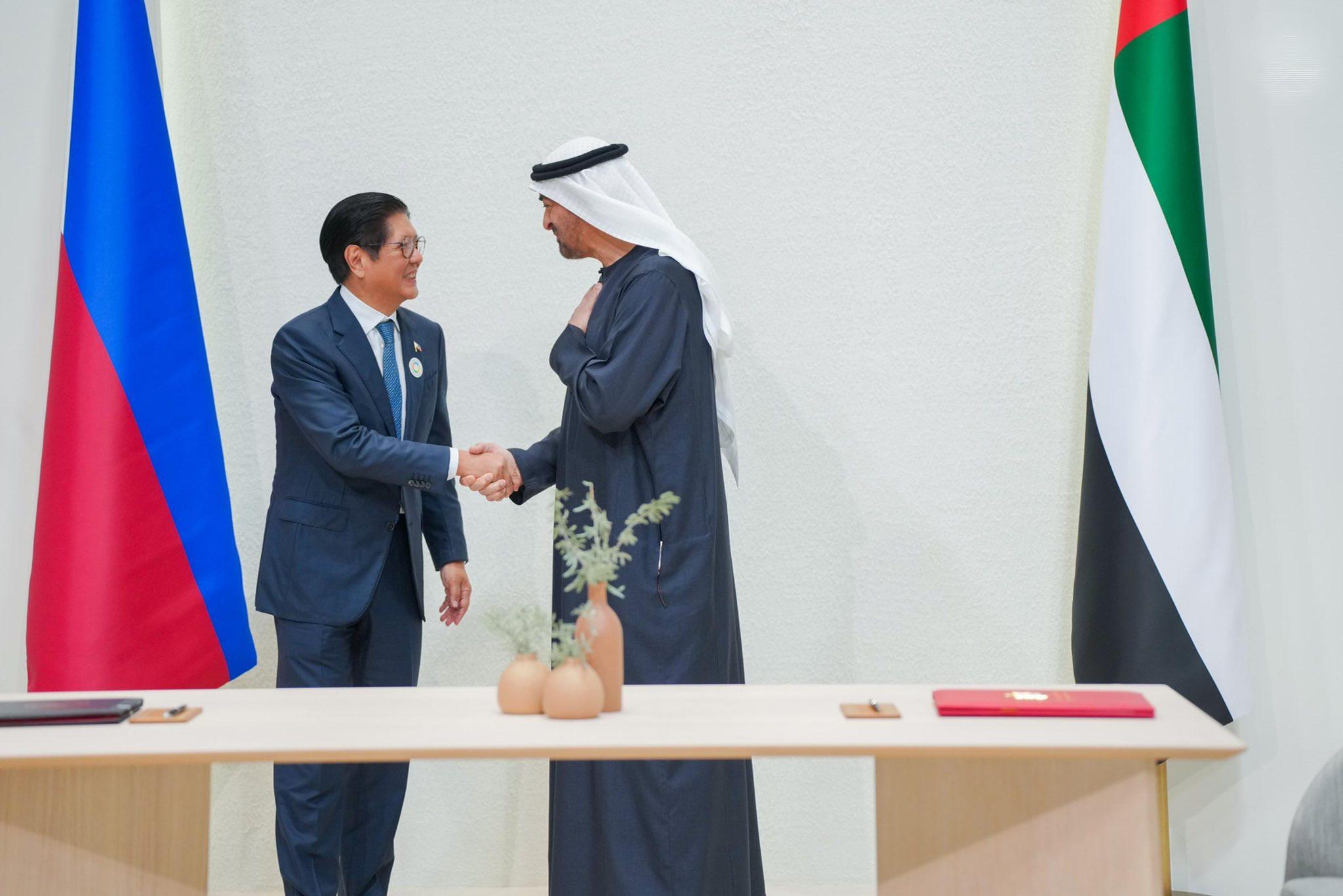Philippine President Ferdinand R. Marcos Jr. and UAE President Sheikh Mohamed bin Zayed shake hands during a signing ceremony in Abu Dhabi on Jan. 13, 2026. (Presidential Communications Office)