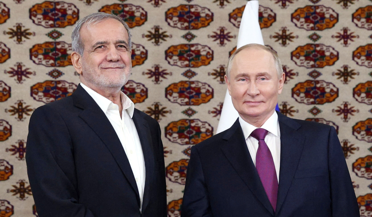 Russian President Vladimir Putin meets Iranian counterpart Masoud Pezeshkian on the sidelines of a cultural forum dedicated to the 300th anniversary of the birth of the Turkmen poet and philosopher Magtymguly Fragi, in Ashgabat, Turkmenistan October 11, 2024. (REUTERS)