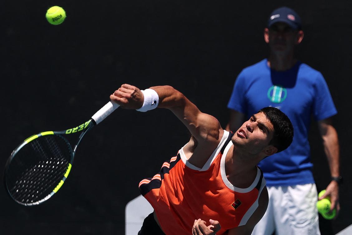 Above, Spain’s Carlos Alcaraz attends a practice session in Melbourne on Jan. 17, 2026. Alcaraz could replace Don Budge as the youngest man to achieve the career Grand Slam with victory at the Australian Open. (AFP)