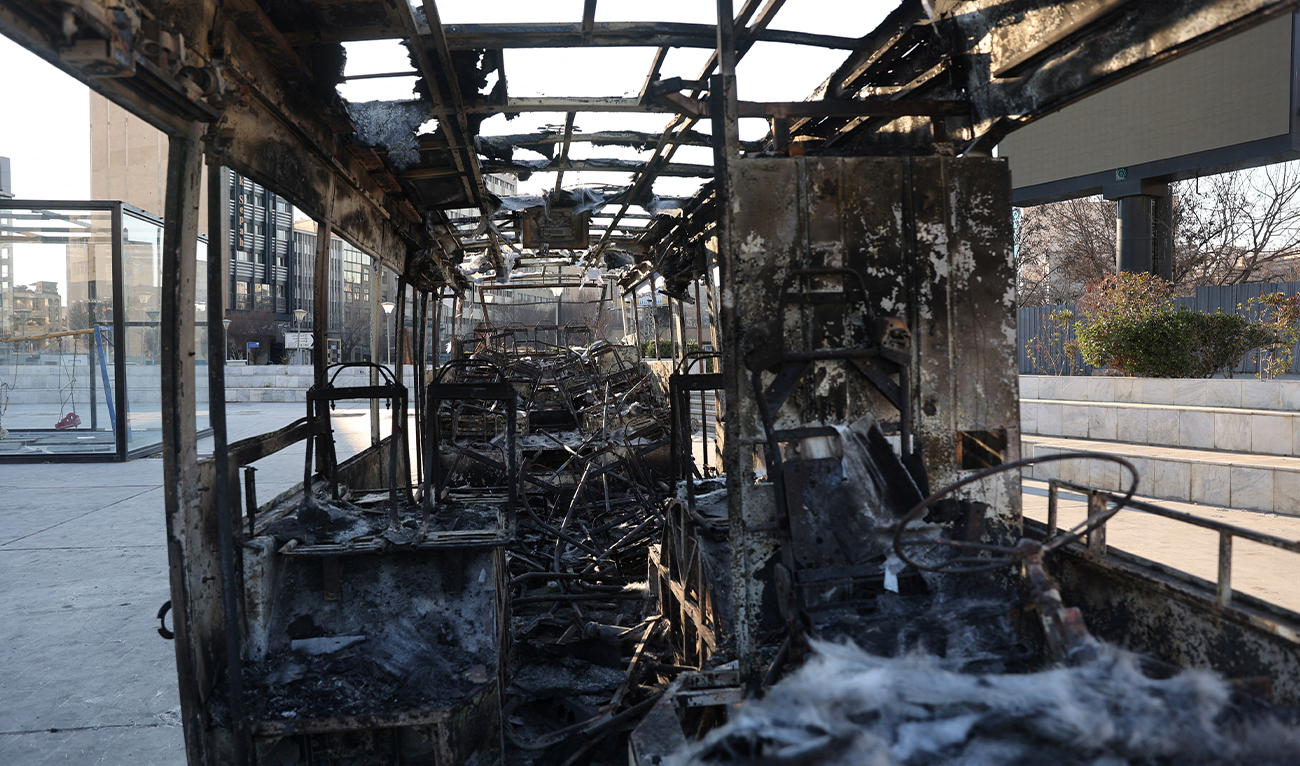 A bus burned during protests on a street in Tehran, Iran, on January 16, 2026. (WANA)