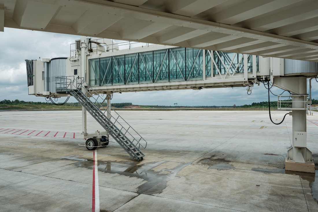 A general view of a passenger boarding bridge at Nusantara International Airport near Ibu Kota Nusantara, Indonesia. (AFP)