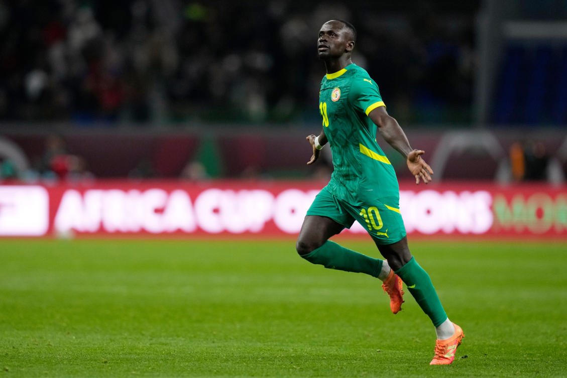 Senegal’s Sadio Mane celebrates after scoring his side’s opening goal during their Africa Cup of Nations semifinal match against Egypt, in Tangier, Morocco, Jan. 14, 2026. (AP)