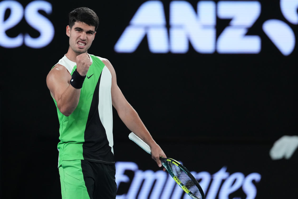 A ferocious forehand helped Carlos Alcaraz to grab the first break for a 5-3 lead and the six-times Grand Slam champion closed out the opening set on his retooled serve. (AP)