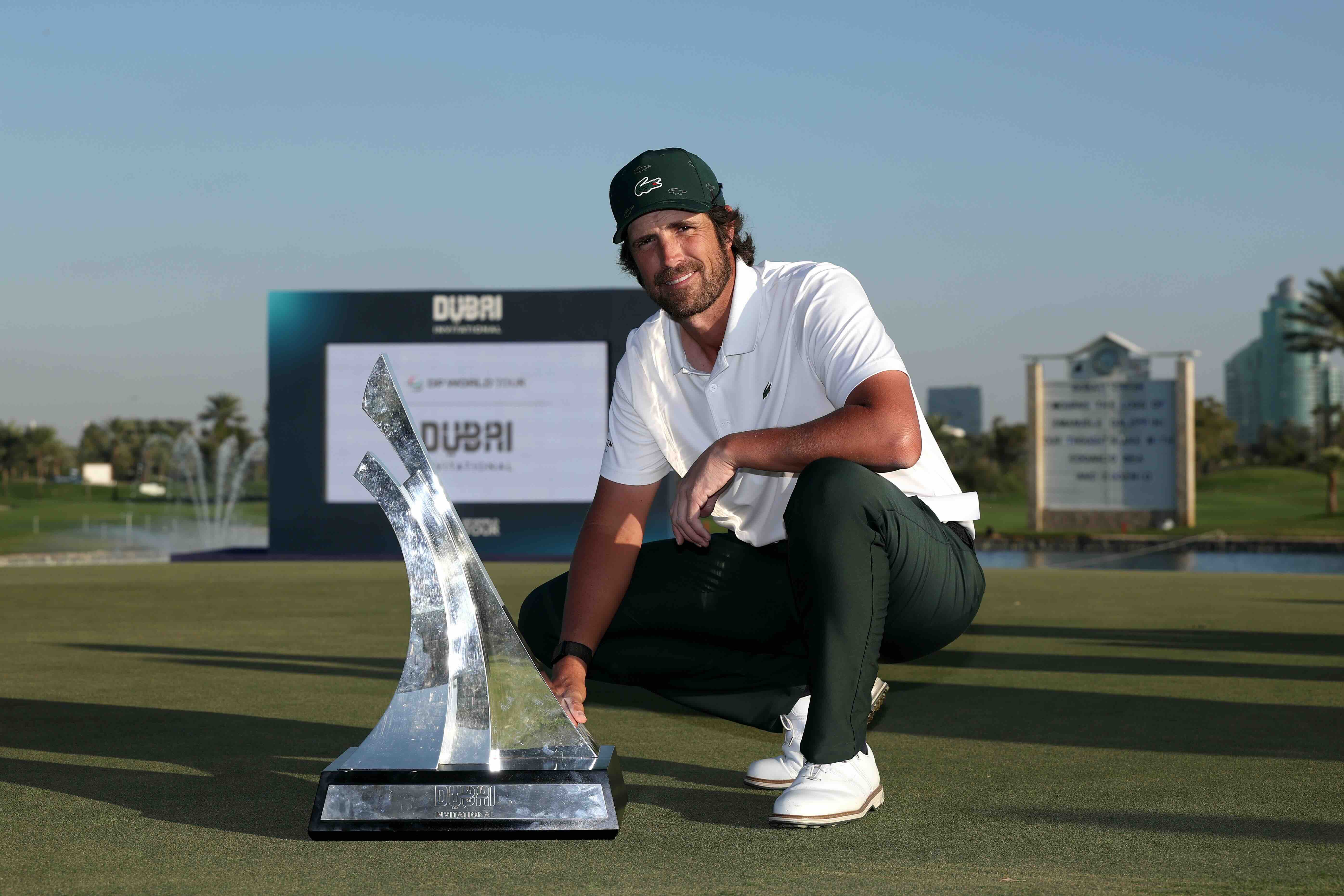 Nacho Elvira of Spain poses with the trophy following victory on day four of the Dubai Invitational 2026. (Getty Images Europe)